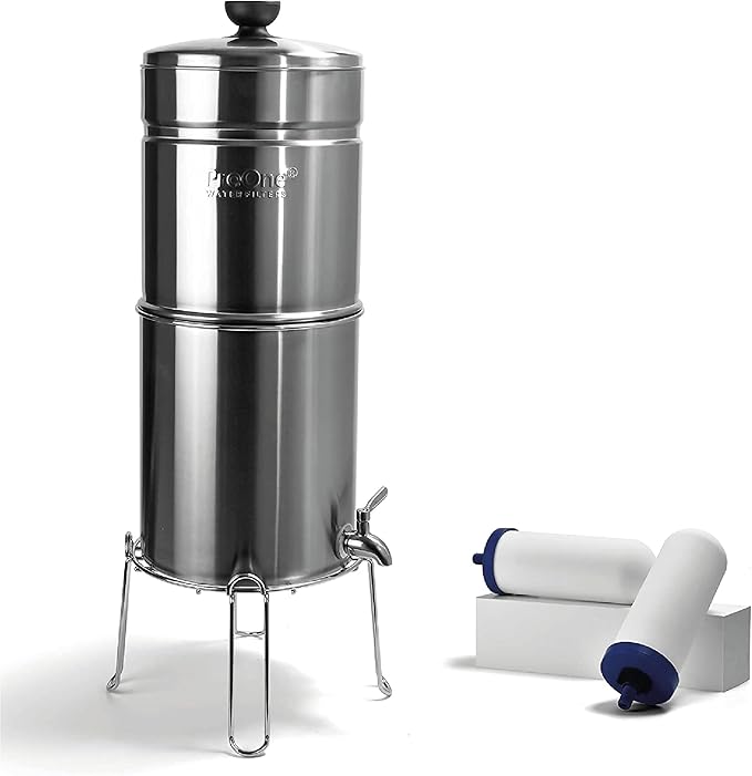 ProOne Big+ Gravity Water Filter System High Capacity Countertop Stainless Steel Water Filter Dispenser IAPMO Certified to Reduce Lead, Total PFAS, Microplastics, Chlorine Taste & Odor, 2 Pack Filter