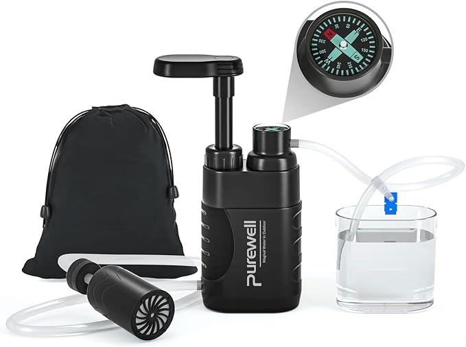 Purewell Water Purifier Pump with Replaceable Carbon 0.01 Micron Water Filter, 4 Filter Stages, Portable Outdoor Emergency and Survival Gear - Camping, Hiking, Backpacking