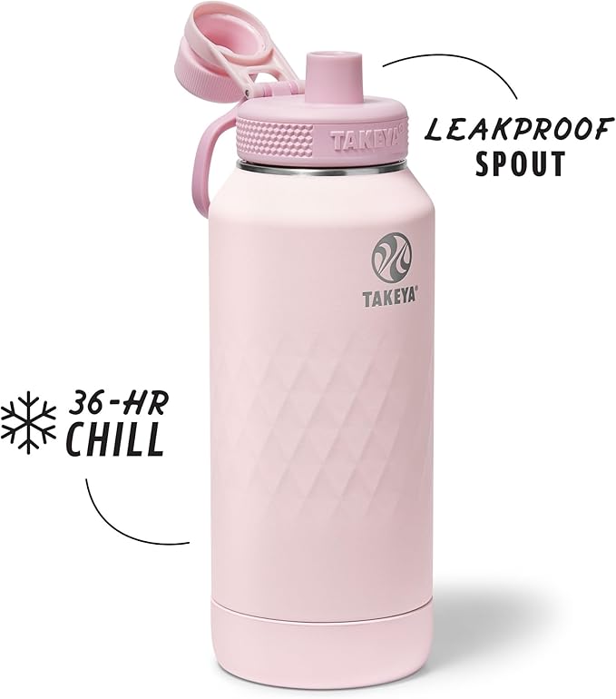Takeya Sport 32 oz Triple-Insulated Stainless Steel Water Bottle, Spout Lid – Leakproof, Sweatproof, BPA-Free, Keeps Drinks Cold 36 Hrs, Hot 14 Hrs – Peony