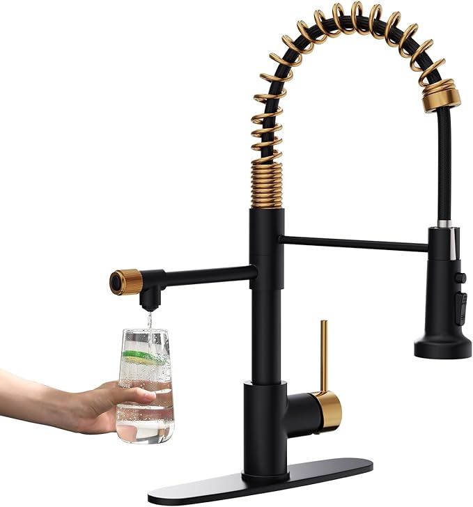 GIMILI Black and Gold Drinking Water Faucet 3 in1 Commercial Style Pull-Down Single Handle Filter Kitchen Faucet for Water Filtration System,Without Water Filtration Device