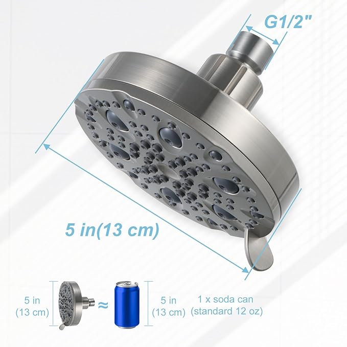 OFFO Shower Head, High Pressure Shower Head with Pause Mode, 9 Mode Fixed Showerheads for Strong Water Flow & Relaxing Shower Experience, Brushed Nickel - AquaVibe