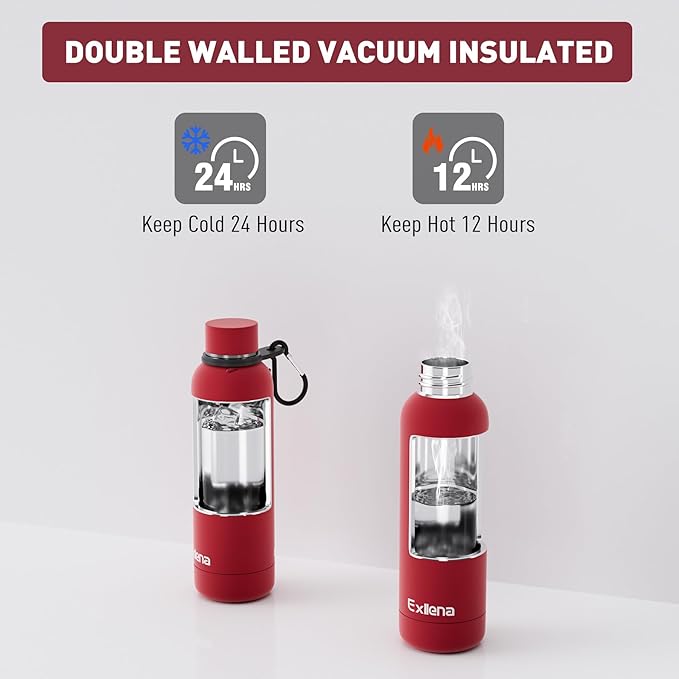 Exllena Slim Insulated Water Bottles for Travel 18oz with Clip, Double Wall Vacuum Stainless Steel Water Bottle Keeps Drinks Cold 24 Hrs/Hot 12 Hrs, 100% Leakproof, BPA Free（Red）