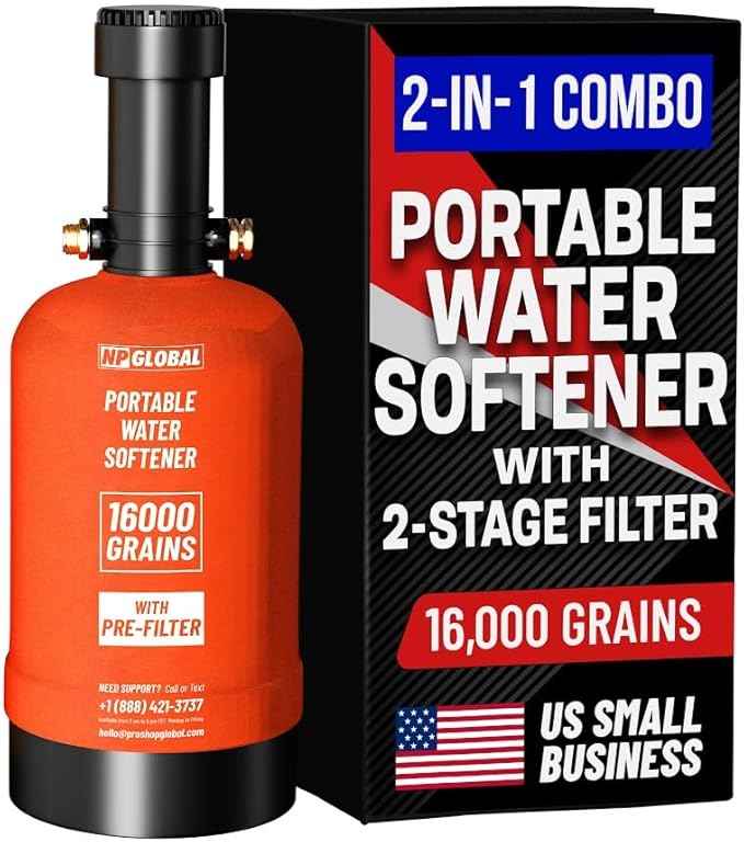 RV Water Softener Portable with Integrated 2 Stage Water Filter System - 16,000 Grain, 3/4" GHT Fittings, Convenient Water Softener for RVs, Trailers, Boats, Mobile Car Washing, Pressure Washing