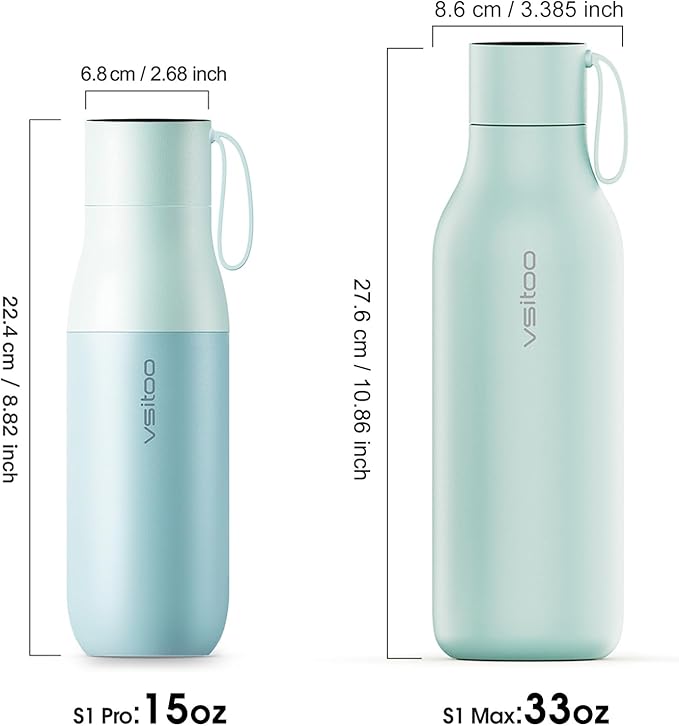 VSITOO 15oz Smart Self Cleaning Water Bottle，Insulated Water Bottle with Stainless Steel, BPA-Free, AI Self-Clean, 30-Day Battery, Magnetic Charging for Travel, Gym or Office, Blue