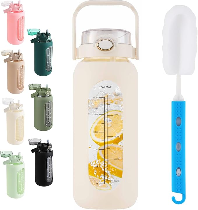 SIEROZUR 64 oz Glass Water Bottle with Straw and Handle Lid Half Gallon Motivational Glass Bottle with Silicone Sleeve and Time Marker Large Reusable Sports Water Jug for Gym Home Workout