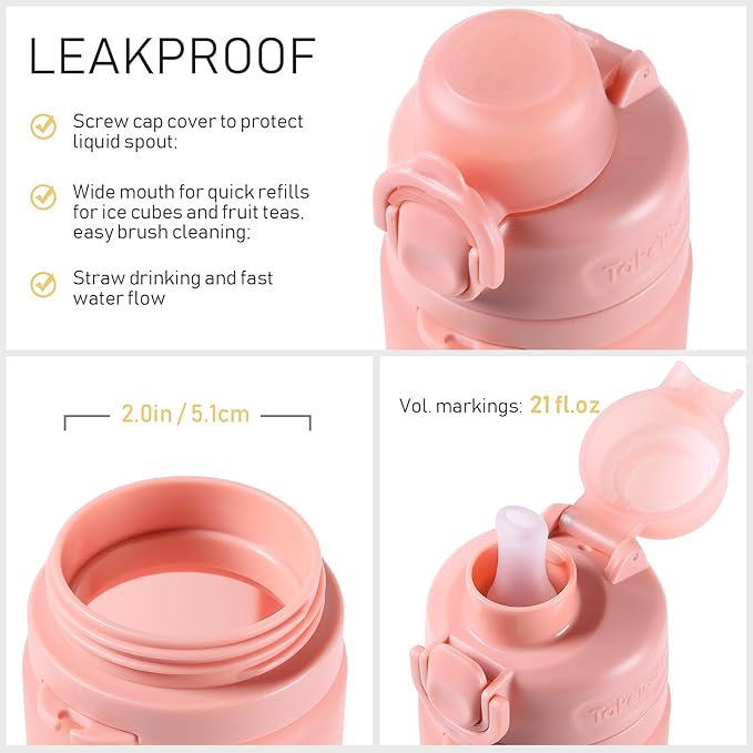 TakeToday Collapsible Water Bottles 20oz (600mL), Foldable Platinum Silicone Travel Water Bottle with Straw & Carry Strap, Leak-Resistant Screw Lid, Wide Mouth, BPA-Free for Hiking, Camping, Travel