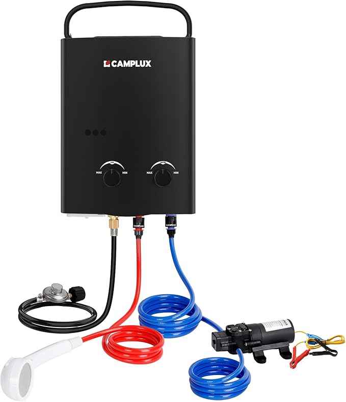 CAMPLUX 5L Portable Propane Gas Tankless Water Heater, 1.32 GPM Tankless Water Heater With 1.2 GPM Water Pump, AY132BP43, Black
