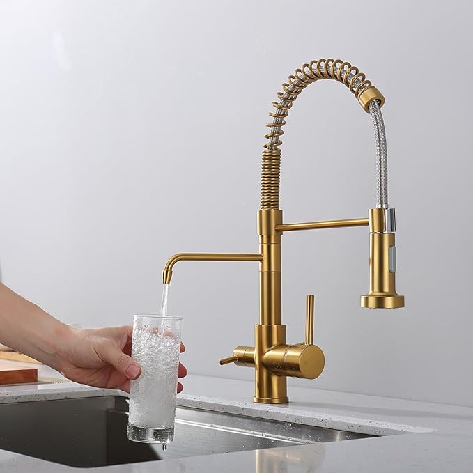 3 Way Kitchen Faucet, Drinking Water Faucet, Filter Kitchen Faucet for Water Filtration System, 3 in 1 Commercial Style Pull-Down 2 Handles, Brushed Gold