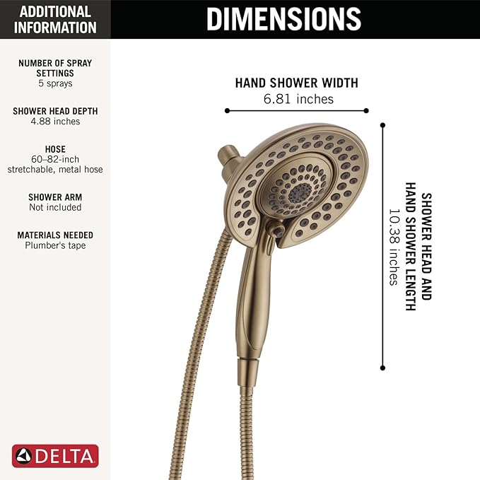 Delta 5-Setting In2ition 2-in-1 Dual Shower Head with HandHeld Spray, Brushed Gold Detachable Shower Head with Hose, Showerhead, 2.5 GPM Flow Rate, Lumicoat Champagne Bronze 58569-CZ-PR25-PK