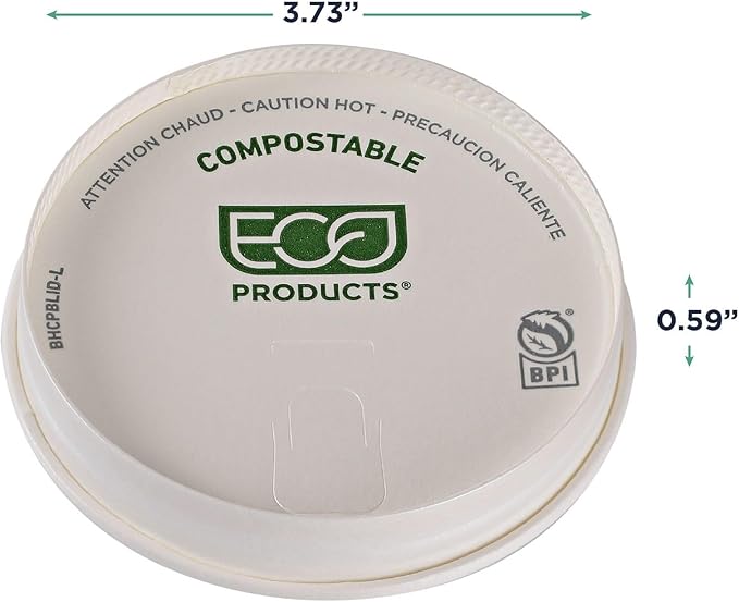 Eco-Products Compostable Paper Coffee Cup Lids, Case of 1000, White GreenStripe Tops, Fits 10-20oz Hot Cups, Lined With PLA, A Renewable Material Made from Plants, ASTM, BPI-Certified