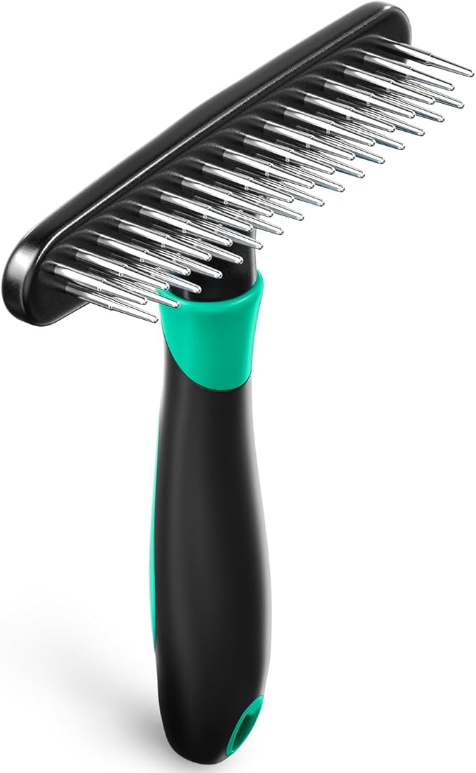 Deshedding Brush Comb - Undercoat Rake for Dogs, Cats, Short, Long Hair Coats - Double Row Stainless Steel Pins - Reduce Shedding by 90% (Green) - AquaVibe