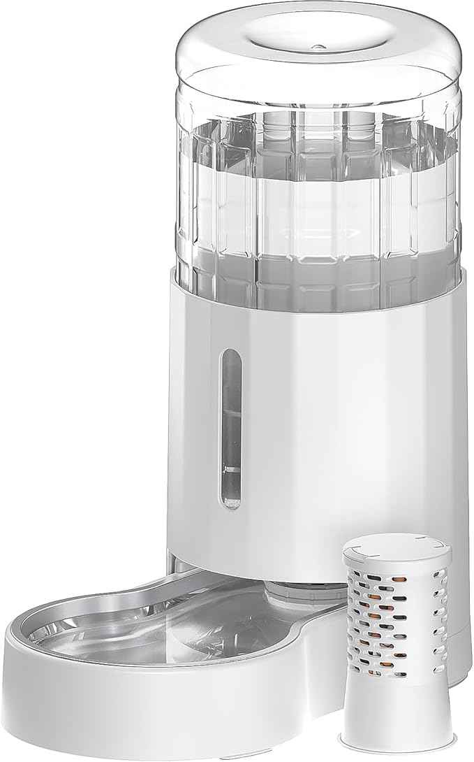 CZPET Dog Water Bowl Dispenser with Filter, 8L Automatic Dog and Cat Water Dispenser with Stainless Steel Bowl, Gravity Waterer, Large Capacity, and Quiet Drinking Area for Pets (8L+Filter,White)