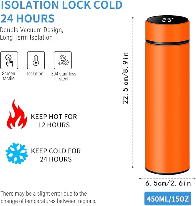 Smart Water Bottle Stainless Steel Vacuum Flask,Travel Mug with Smart LCD Touch Screen, Keep Hot Or Cold, Car Portable Travel Tea Coffee Vacuum Thermo Cup,Insulated Water Bottle (Orange)