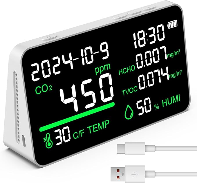7-In-1 Indoor Air Quality Monitor Rechargeable Home CO2 Monitor,Temp, CO2, TVOC, HCHO,RH,Time, Date, LED Air Quality Tester Carbon Dioxide Detector For Office Hotel Real Time Desktop Air Quality Meter