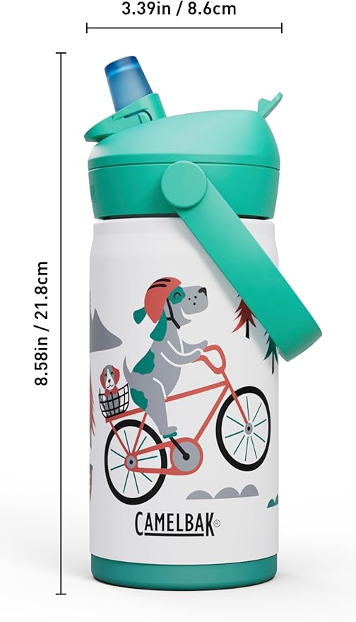 CamelBak Thrive Flip Straw Kids Bite Valve Stainless Steel Water Bottle Biking Dogs, 12oz