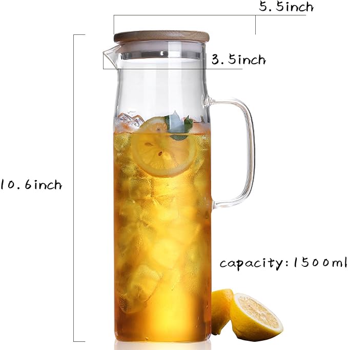 hjn Glass Water Pitcher with Lid Glass Carafe with Handle, Fridge Water Jug for Cold or Hot Beverages, Iced Tea, Milk, Juice 1500ml/51oz & bamboo lid