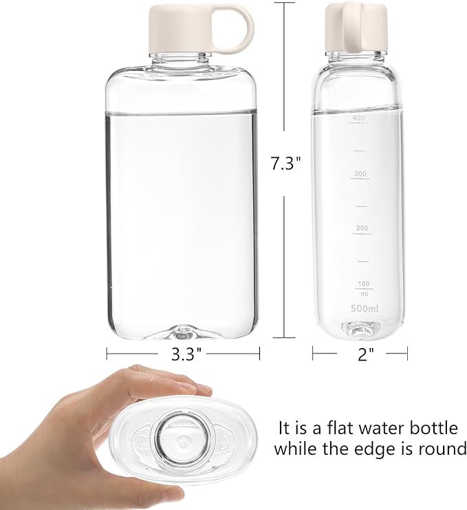 ZEAYEA 2 Pack Portable Flat Water Bottles, 17 oz BPA Free Slim Drinking Bottle, Plastic Travel Water Bottles for Outdoor Sports, Camping, Fitness
