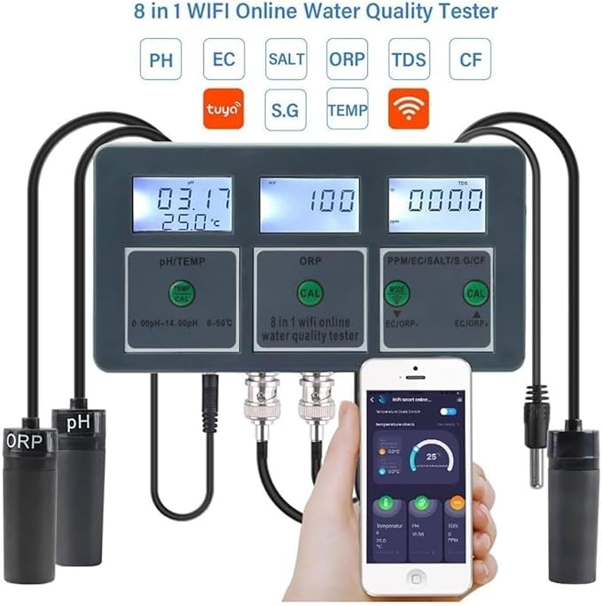 Smart Water Quality Detector, Data Logger Temp TDS Salinity S.G. EC ORP Water Tester Monitor Analyzer, Aquarium Water Quality Tester Digital Meter, WiFi PH Meter, for Aquariums Pools Hydroponics