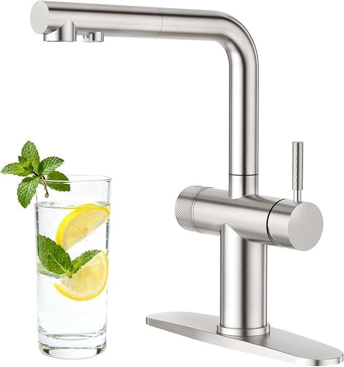 CREA 3 Way Kitchen Faucet with Pull Down Sprayer & Water Filter Built-in,Drinking Water Faucet Spout for Bar Sink Purifier Water Filter,Single Hole 2 Handles Brushed Nickel Stainless Steel