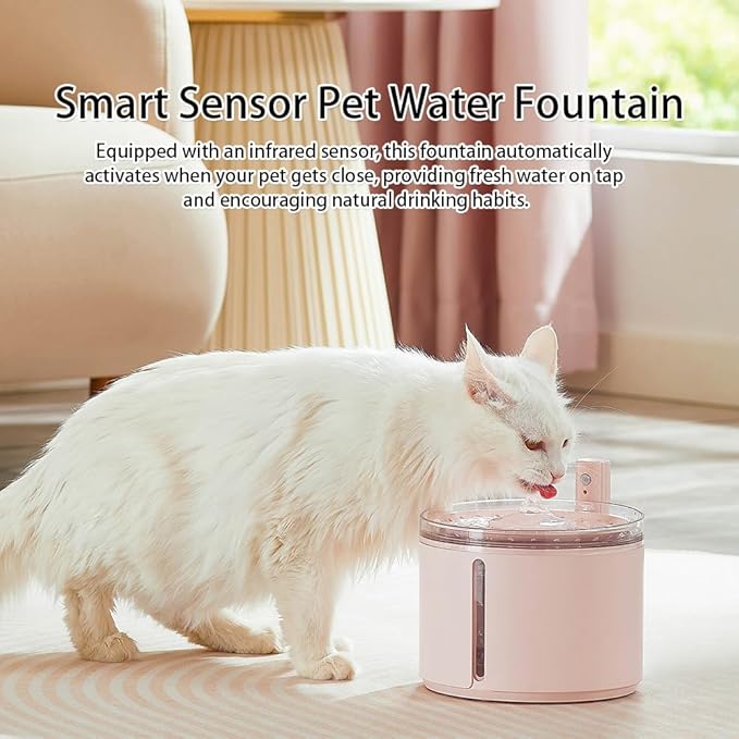Smart Automatic Pet Water Fountain, 2.2L Cordless with Infrared Sensor, Dual Modes, Ultra-Quiet Pump, Safe for Cats & Dogs (Pink, Infrared Sensor)