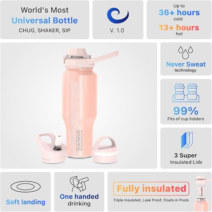 Coldest Sports Water Bottle - 3 in 1 Lids (Chug, Straw, Handle) - Insulated Stainless Steel Tumbler with Handle - Vacuum Water Flask Cup, Valentines Gifts for Him Her (36 oz, Forever Pink Glitter)