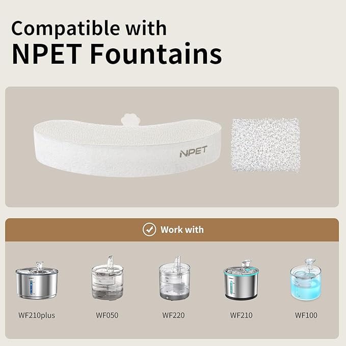 NPET Upgraded Design 4 Pack Replacement Filters for WF050/WF100 Cat Fountain and WF210 Stainless Steel Pet Water Dispenser