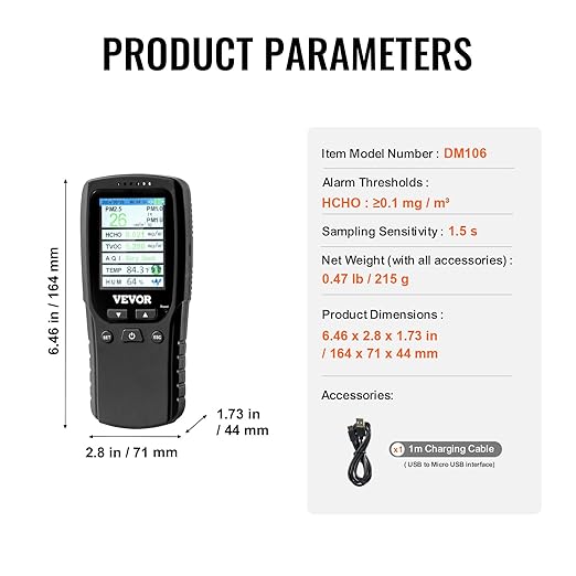 VEVOR Air Quality Monitor 8-in-1, Professional PM2.5 PM10 PM1.0 Particle Counter, Formaldehyde, Temperature, Humidity, TVOC AQI Tester for Indoor/Outdoor, Air Quality Meter w/Alarm Thresholds