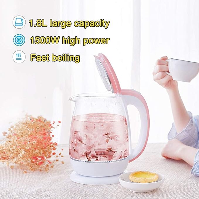 Kettles,Glass Electric Kettle,Eco Water Kettle with Illuminated Led,Bpa Free Cordless Water Boiler with Stainless Steel Inner Lid Bottom,Fast Boil Auto-Off Boil-Dry Protection,1.8L 1500W/Blue hopeful