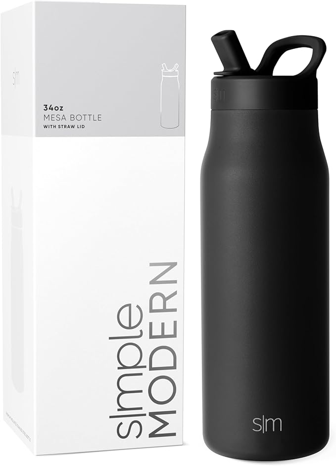 Simple Modern Water Bottle with Straw lid | Insulated Stainless Steel Thermos | Reusable Travel Water Bottles for Gym & Sports | Leak Proof & BPA Free | 34oz, Midnight Black