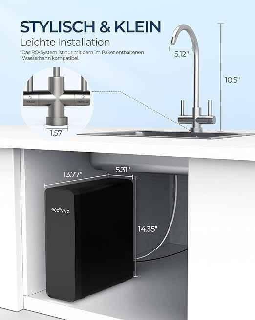 Ecoviva Reverse Osmosis Water Filtration System, 600GPD, Reverse Osmosis System, Drinking Water, 8 Stage Filtration, 2.5:1 Osmosis System, Drain Ratio, RO and Filtered Water