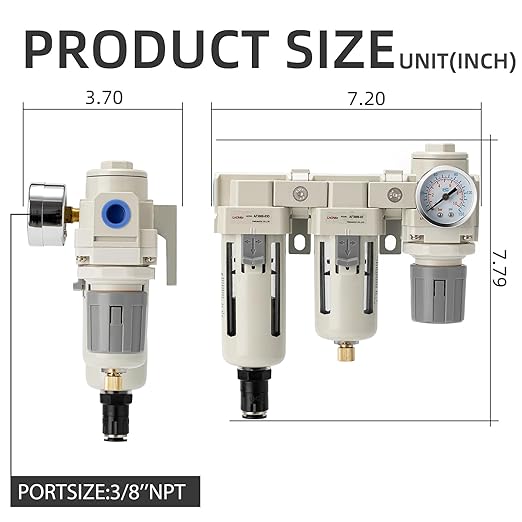 Air Filter Dryer 3/8 NPT Auto Drain+Semi-Auto Drain-Double Air Filters,Air Pressure Regulator,Air Compressor Water Separator(0-150PSI) - AquaVibe