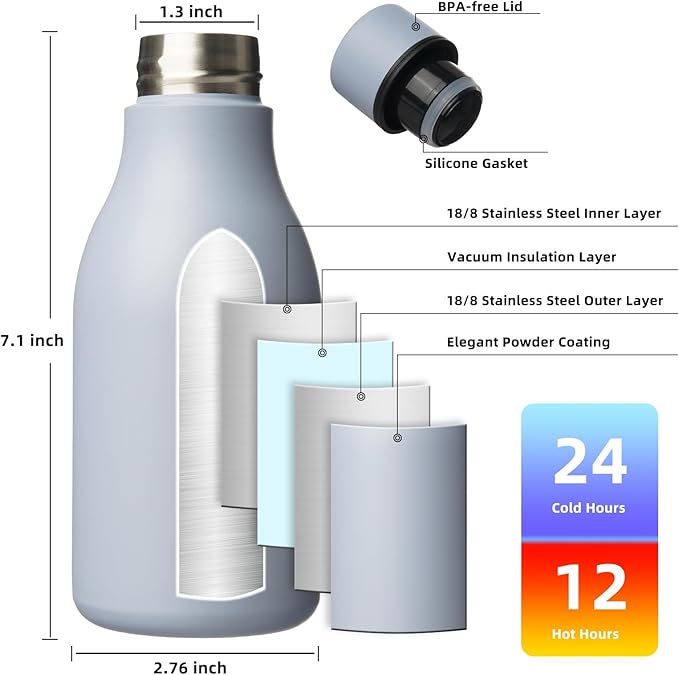 BJPKPK Insulated Water Bottles, 12oz Stainless Steel Metal Water Bottle with Strap, BPA Free Leak Proof Jugs, Mugs, Flasks, Reusable Thermal Flasks for Sports & Travel, Mist Grey