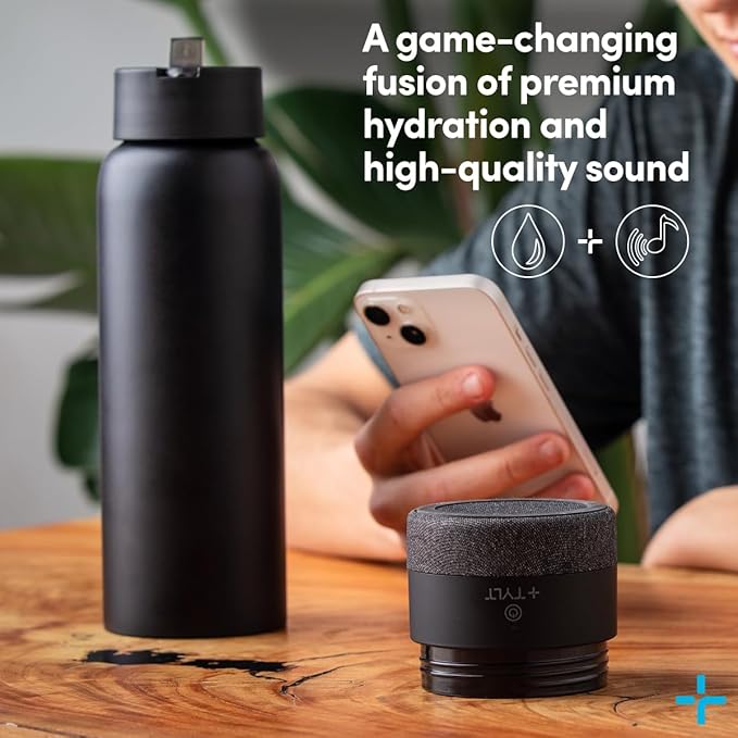 TYLT Smart Water Bottle with Bluetooth Speaker, Wireless Stainless Steel Insulated Travel Tumbler with Flip Straw, Rechargeable, Portable, Double Layered, 24oz (Black)