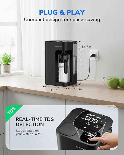 Ecoviva Mate 3 Countertop Reverse Osmosis Water Filter, 8-Stage RO Water Filtration System with 44oz Water Pitcher Smart Auto-Filling, Water Purifier, 3:1 Pure to Drain, Black