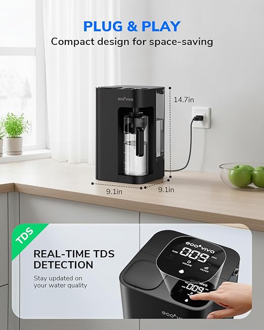 Ecoviva Mate 3 Countertop Reverse Osmosis Water Filter with 2 Auto-Fill Pitchers, 8-Stage RO Filtration System, Installation-Free, Reduces TDS, 3:1 Pure-to-Drain Ratio, Home & Kitchen, Black