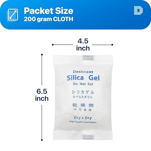 Dry & Dry 200 Gram [5 Packet] Premium Pure & Safe Silica Gel Packets, Desiccant Packs, Silica Gel - Rechargeable Fabric Silica Packets, Moisture Absorbers, Silica Gel Packs
