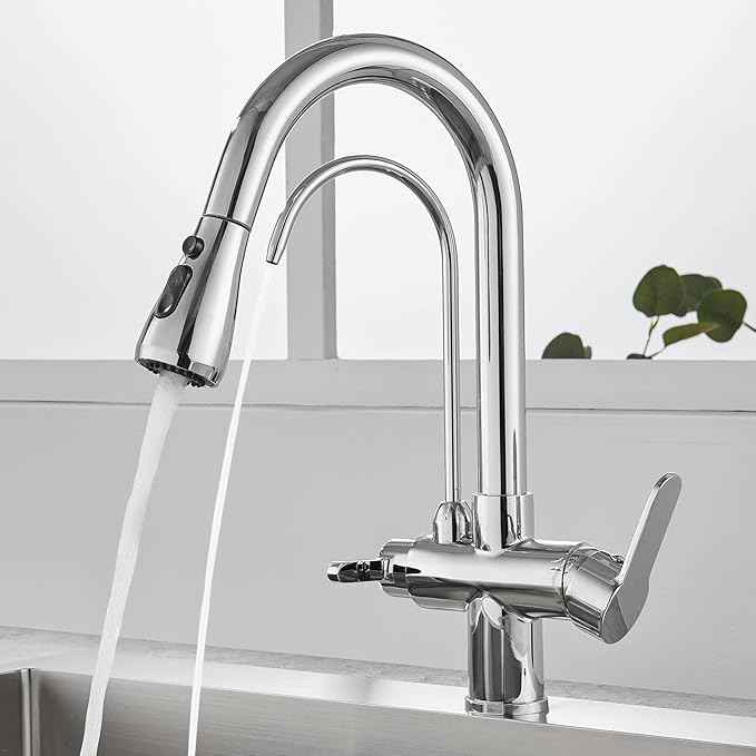POPFLY Kitchen Faucet with Drinking Water Faucet, 3 in 1 Water Purifier Faucet, 2 Handle, 3-Function Pull Down Sprayer, Brass Body, Chrome