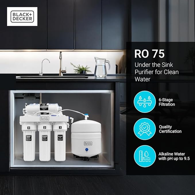 BLACK+DECKER RO 75 Under Sink Water Filter, Alkaline 6-Stage Filtration System, pH+ Remineralization RO Water Filter System,Reduces PFAS, PFOS, Microplastics, NSF/ANSI 58 Certified