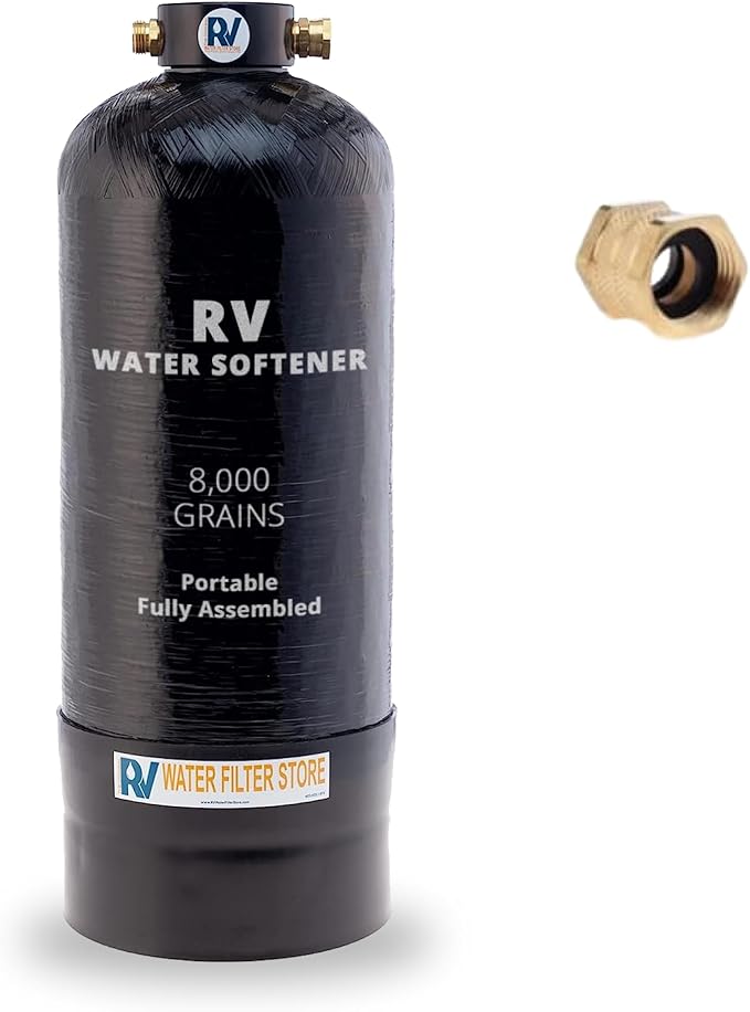 Essential RV Water Softener Portable 8,000 Grain, 3/4" Fittings, Softens Hard Water for RV's Vanlife Nomads Boondockers, New Lighter & Compact Model Easy Storage