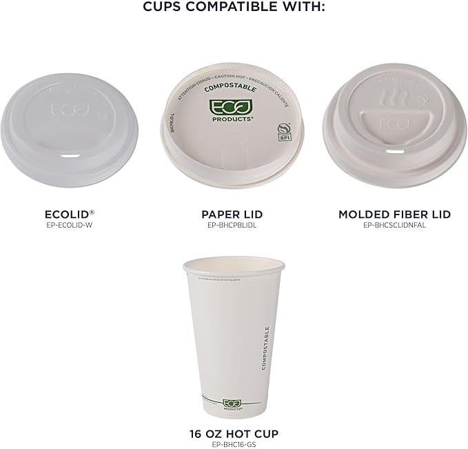 ECO PRODUCTS Compostable Disposable GreenStripe 16oz Coffee Cups, Pack of 50, White Single Wall Hot Paper Cup, Plant Based PLA Lining, Biodegradable