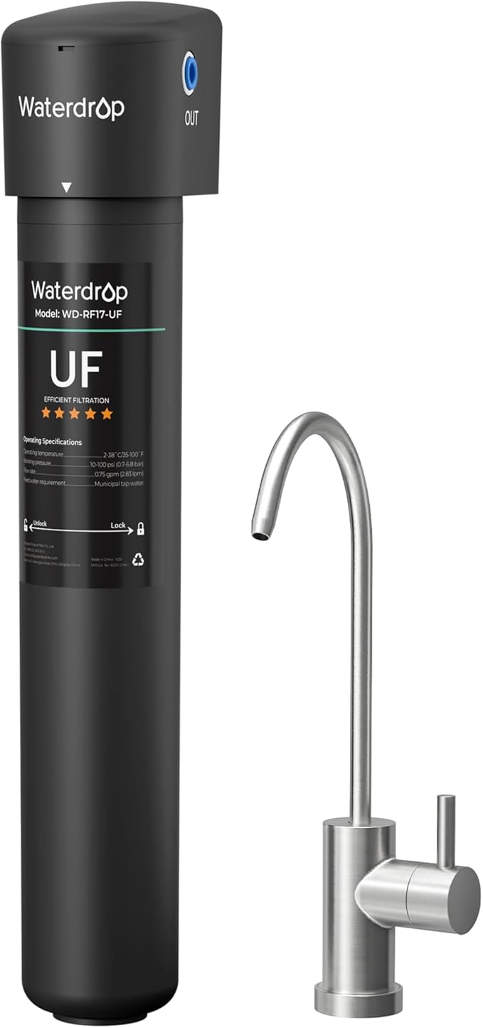 Waterdrop 17UB-UF 0.01 μm Ultra Filtration Under Sink Water Filter System, Reduces Lead, Chlorine, Bad Taste & Odor, 3 Years, with Dedicated Brushed Nickel Faucet, USA Tech