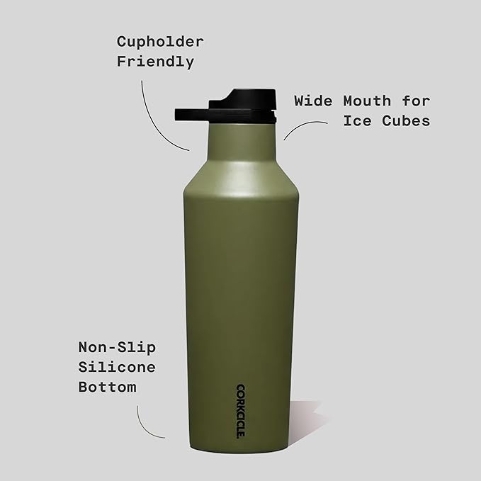 Corkcicle Sport Canteen - Keeps Drinks Cold 25 Hours - Stainless Steel Water Bottle - Triple-Insulated - Spill-Proof - Summer Drinkware Gift - Keeps Drinks Ice Cold - 20 oz - Olive