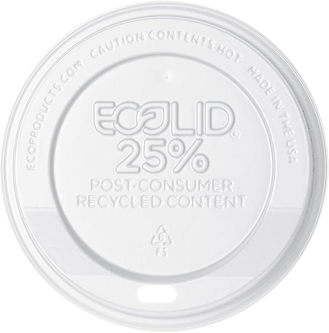 Eco-Products Ecolid Recycled Small Coffee Cup Lids, Case of 1000, White, Fits 8oz Hot Cups, Made from 25% Post-Consumer Recycled Plastic Polystyrene, Made in the U.S.A.