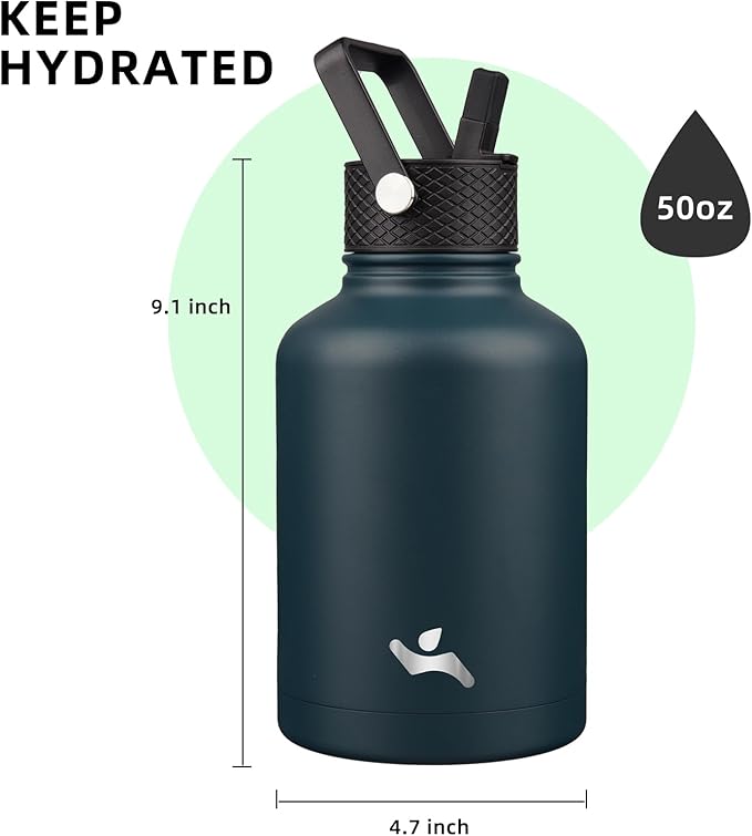 Insulated Water Bottle with Straw,50 oz 3 Lids Water Jug with Carrying Bag,Paracord Handle,Double Wall Vacuum Stainless Steel Metal Flask,Navy Blue