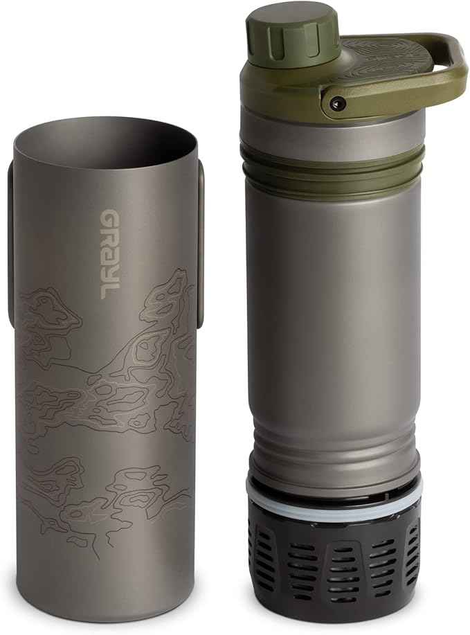 GRAYL UltraPress Titanium 16.9 oz Water Purifier & Filter Bottle for Hiking, Backpacking, Survival, Bushcraft, Travel (Olive Drab)