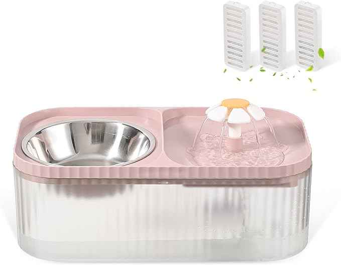 Cat Water Fountain and Food Bowl, 3L/101oz Ultra Quiet Pet Water Dispenser with Smart Pump and 3 Replacement Filters, Automatic Flower Fountain & Stainless Steel Bowl for Dog & Cat (Pink)