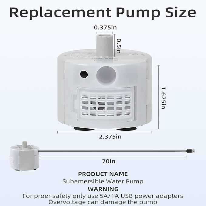 Glass Cat and Dog Water Fountain 90oz/2.7L, SMA-800 Ultra-Quiet Replacement Pump - Safe and Easy to Clean with Low Voltage DC 5V and USB Cable (Pump+2 Black Filter Cottons)