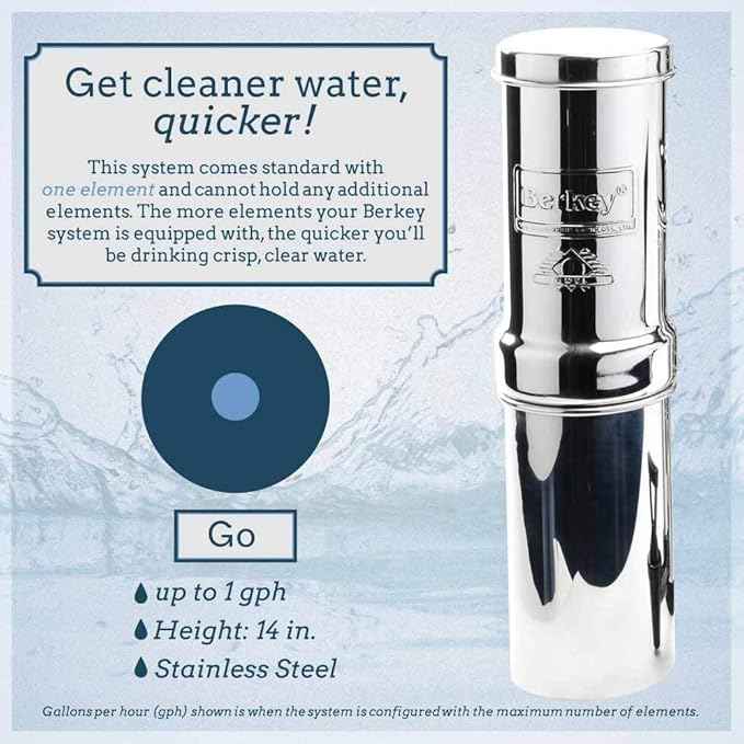 Go Water Filter Kit with 1 Qt. Berkey Gravity Fed Water Filter System, Sport Bottle and Black Primer