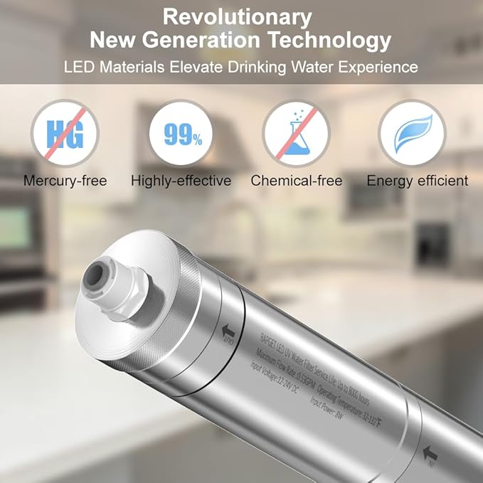 LED UV͎ Ultrąviolët Water Filter for Under Sink Water Filter System and Reverse Osmosis System, Reduce up to 99.9% of Baçtёria-Mercury-Free- Stainless Steel- 8000 Hours Life
