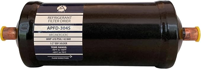 Appli Parts APFD-304S 1/2 in Liquid Line Refrigerant AC Filter Drier hvac Refrigeration 304S ODF Sweat Solder connection universal unidirectional 10-1/2 in long 3-1/4 in wide